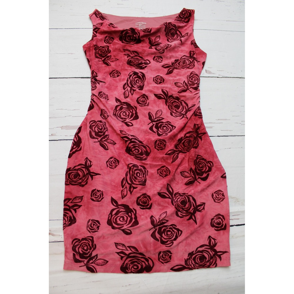 Trendy Queen Pink Floral Cowl Neck Ruched Bodycon Mini Dress XS Burgundy Rose